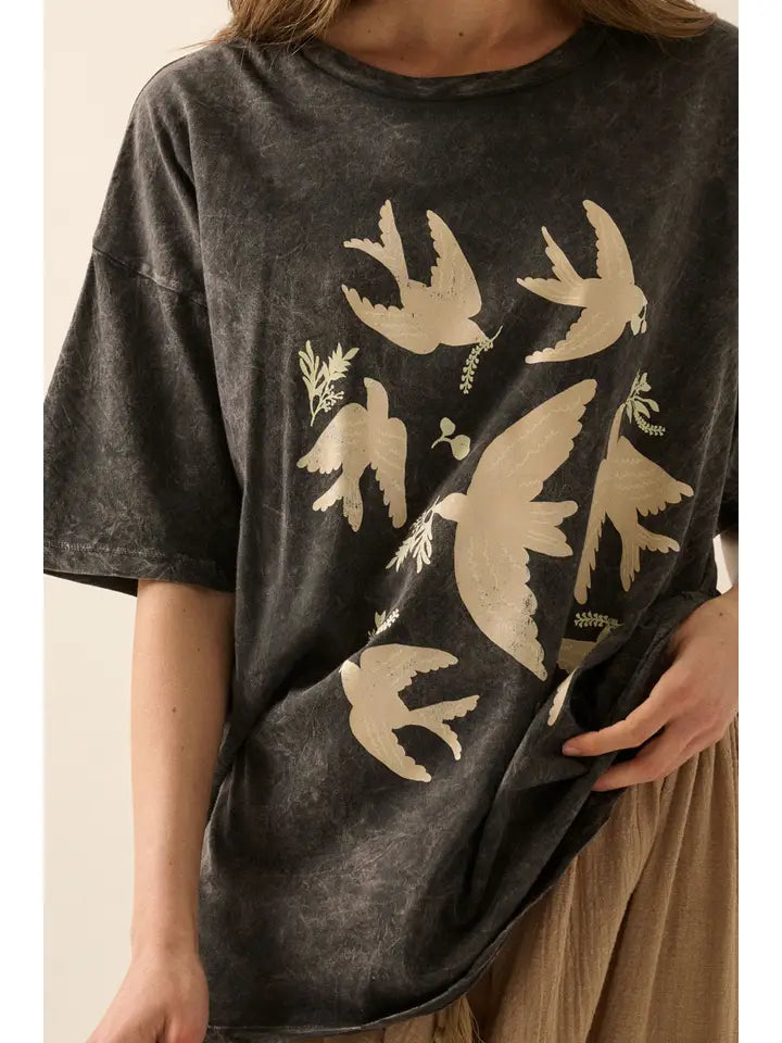 Vintage Birds Mineral Washed Oversized Graphic Tee