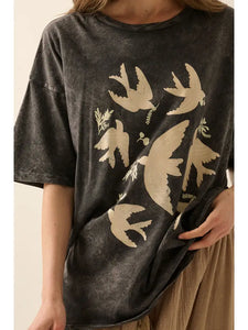 Vintage Birds Mineral Washed Oversized Graphic Tee
