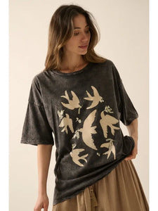 Vintage Birds Mineral Washed Oversized Graphic Tee