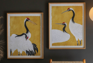 Framed Heron Prints with Yellow Background